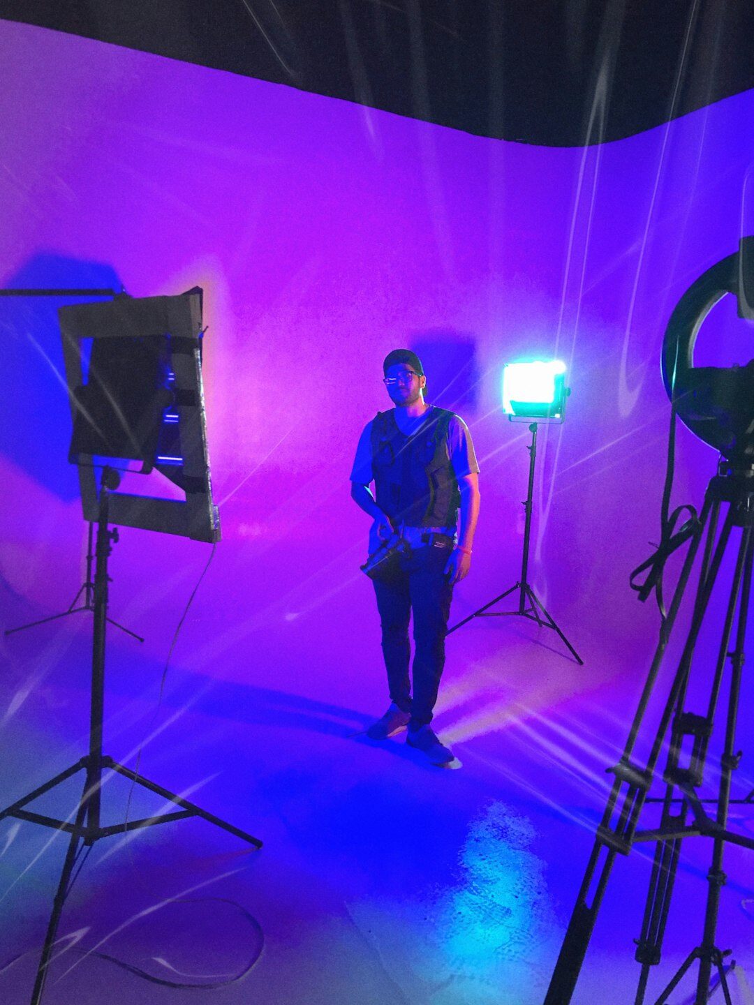 Television studio set with professional lighting rigs
